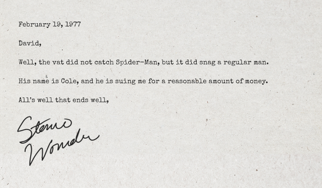 Illustration for article titled These Letters Between David Bowie And Stevie Wonder Show That They Thought Spider-Man Was The No. 1 Threat To Their Careers